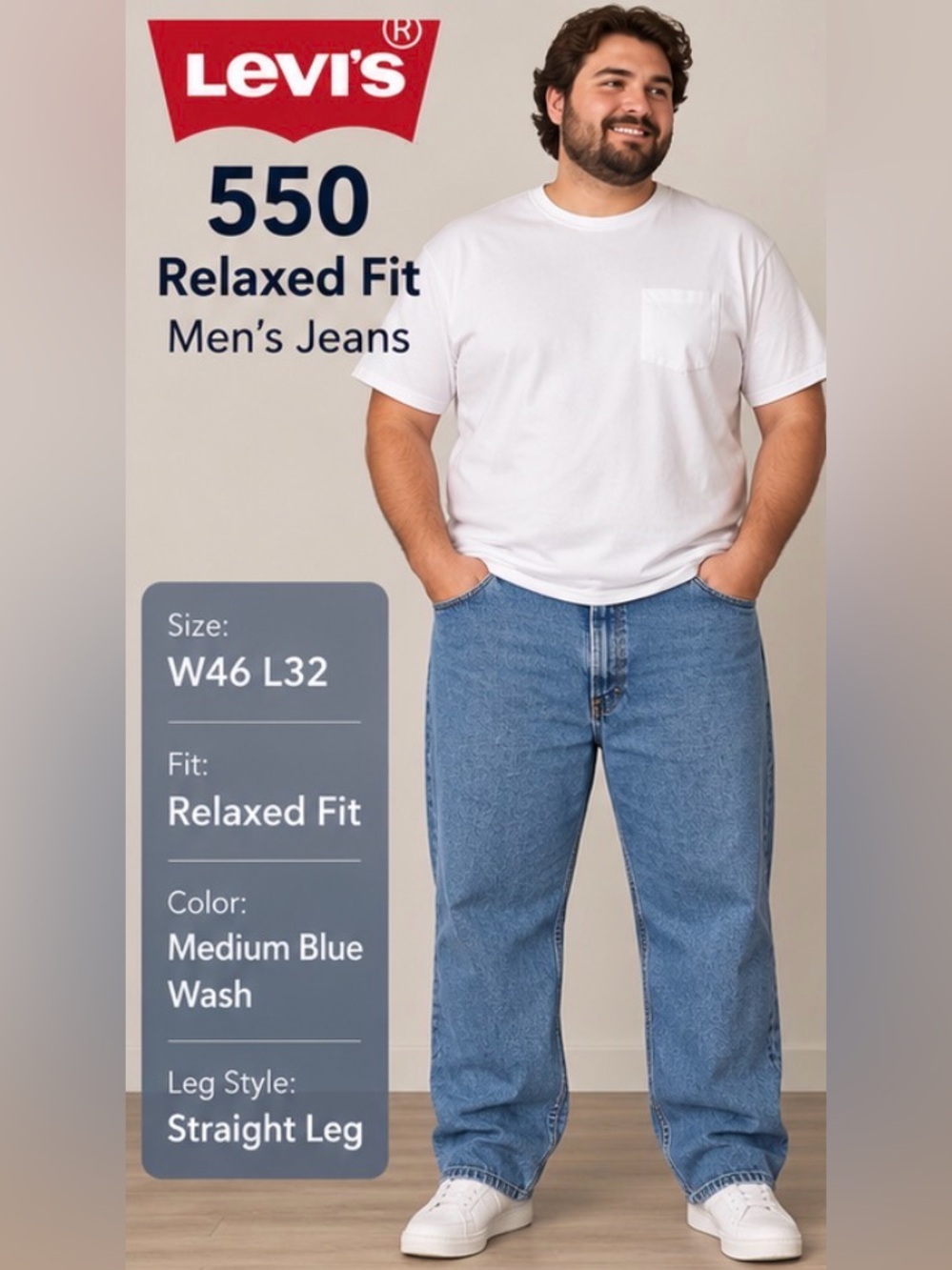 Levi’s 550 Relaxed Fit Men’s Jeans W46 L32 Medium Wash Straight Leg